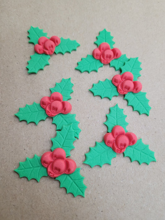 Large Holly Leaves with Berries 6pcs Edible Cake Decorations