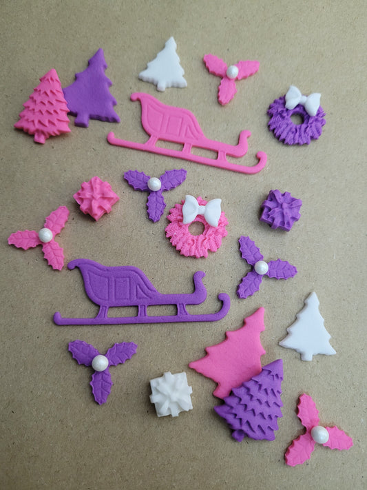 Christmas Mixed Set 19pcs Pink & Purple Edible Cake Decorations