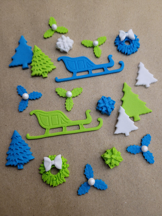 Christmas Mixed Set 19pcs Blue & Green Edible Cake Decorations