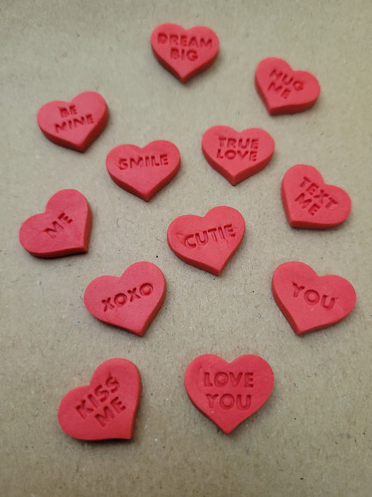 Assorted 'Text' Hearts - Red 12pcs Edible Cake Decorations