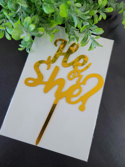 He or She? Gold Baby Shower Reveal Gender Cake Topper