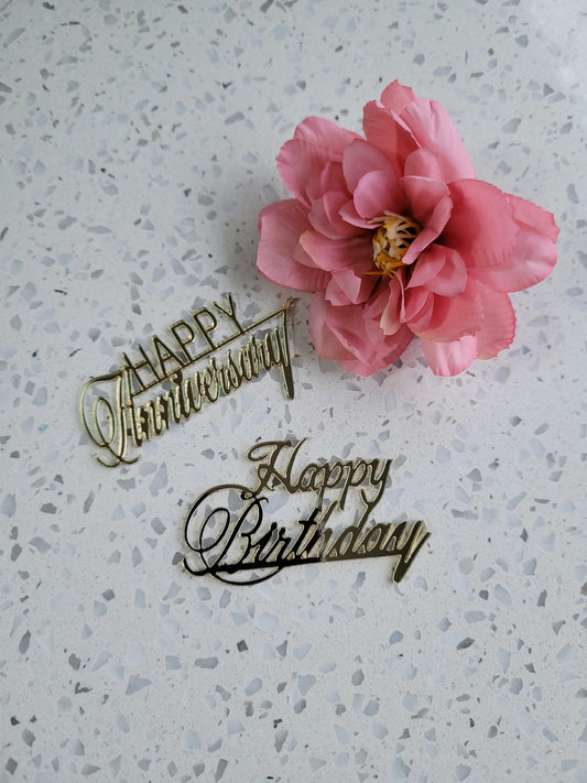 Acrylic Cupcake Size 'Happy Birthday / Anniversary' Gold Cake Topper