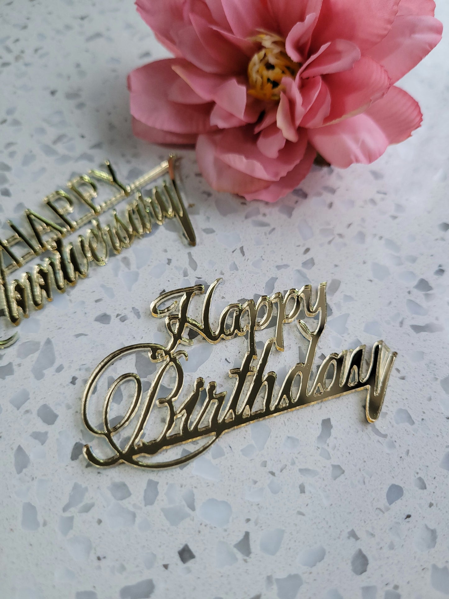 Acrylic Cupcake Size 'Happy Birthday / Anniversary' Gold Cake Topper