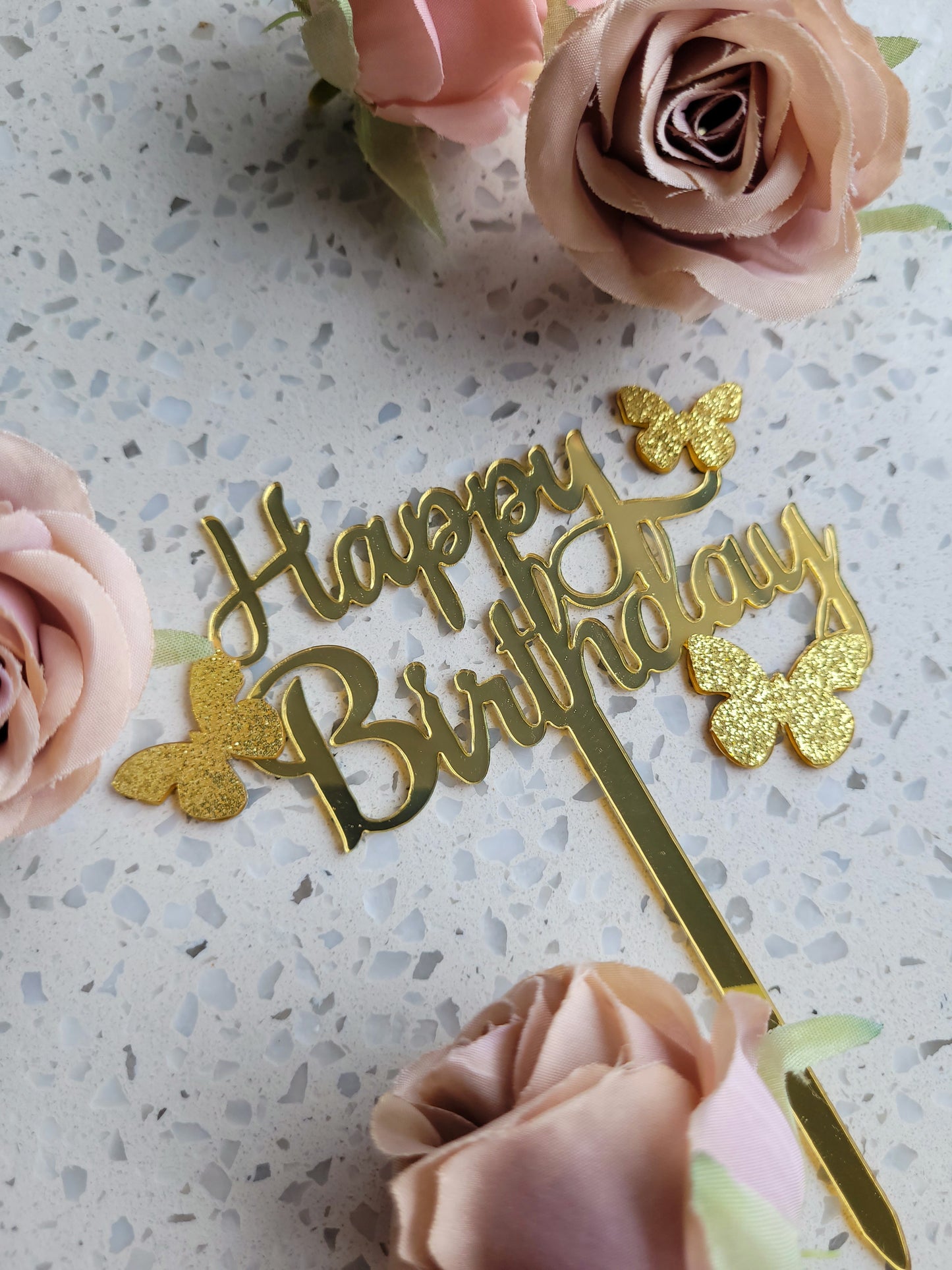 Happy Birthday Butterfly Gold Cake Topper