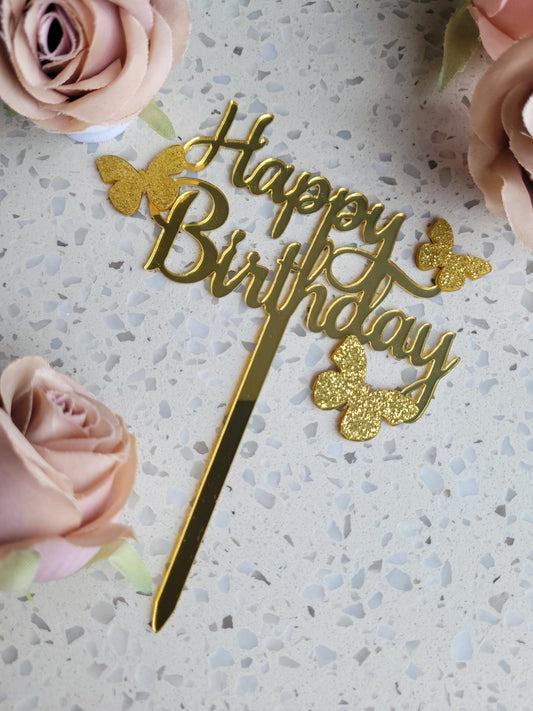 Happy Birthday Butterfly Gold Cake Topper