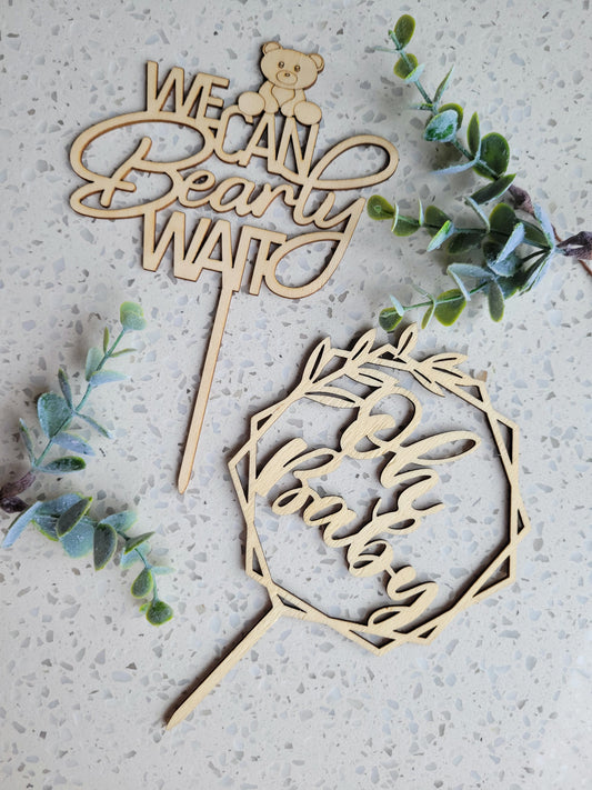 Wooden 'we can bearly wait' / 'oh baby' Cake Topper