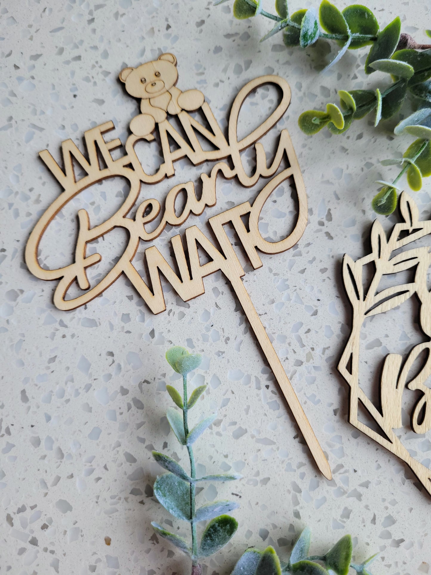 Wooden 'we can bearly wait' / 'oh baby' Cake Topper