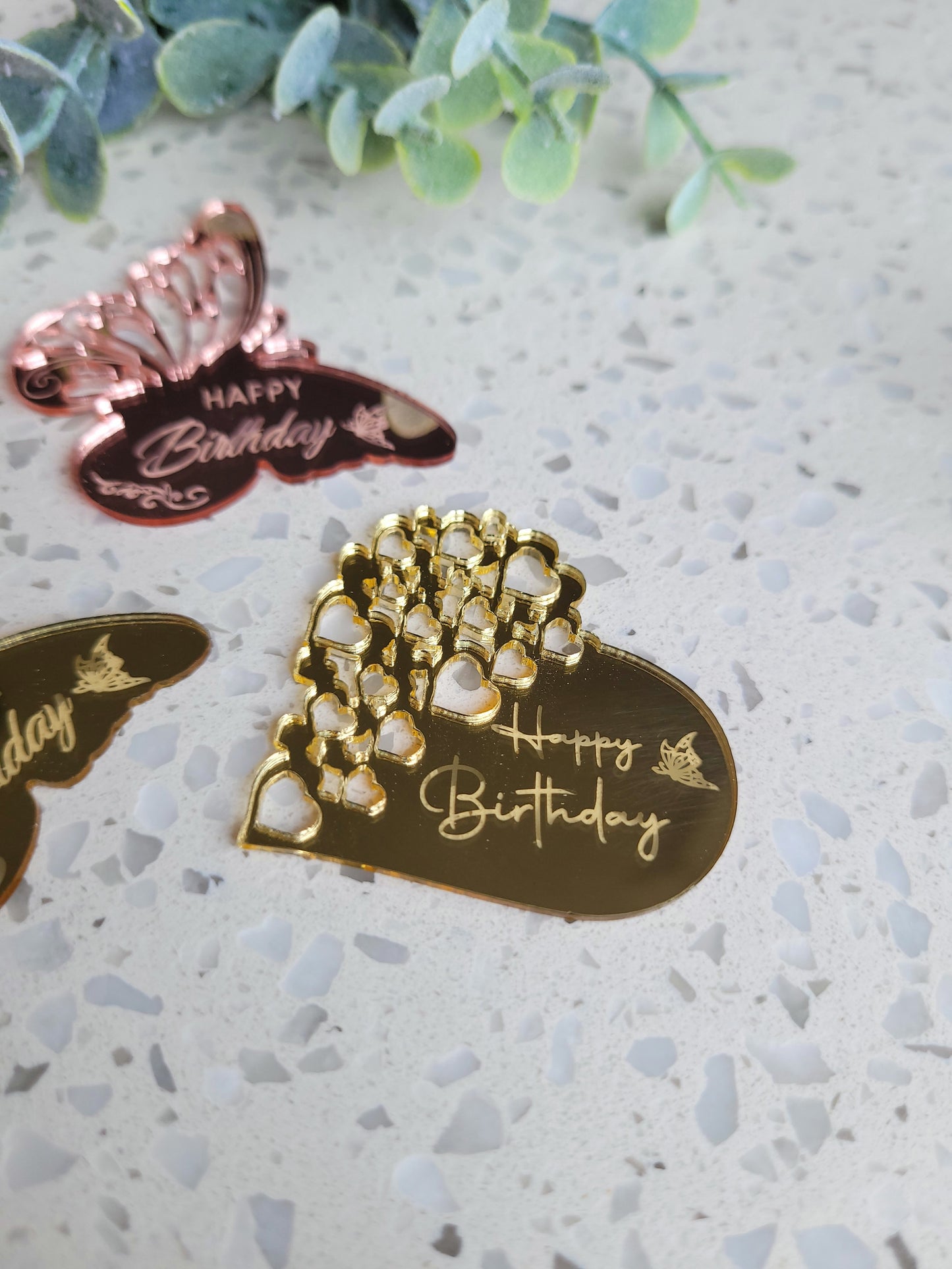 Happy Birthday Heart & Butterfly Shape Acrylic Toppers