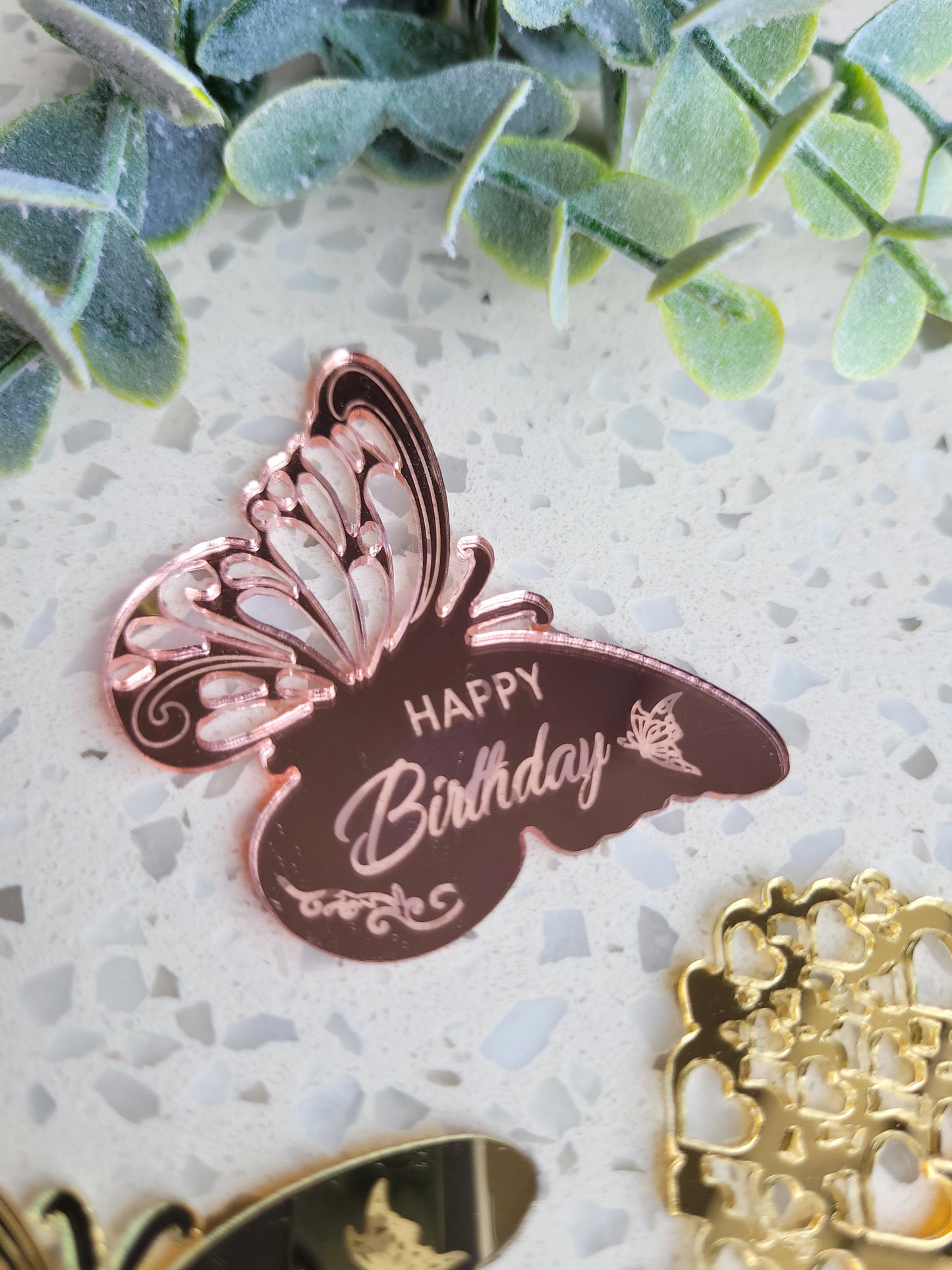 Happy Birthday Heart & Butterfly Shape Acrylic Toppers