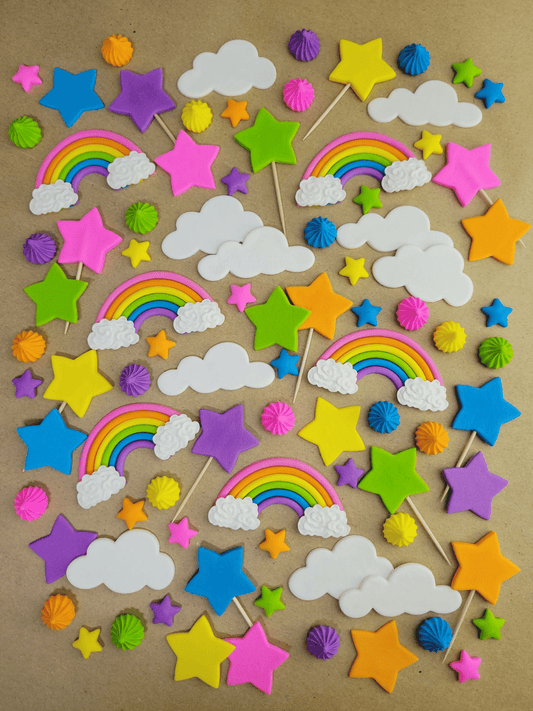 Bright Rainbow Theme Edible Cake / Cupcake Topper Decorations Set -88 Piece