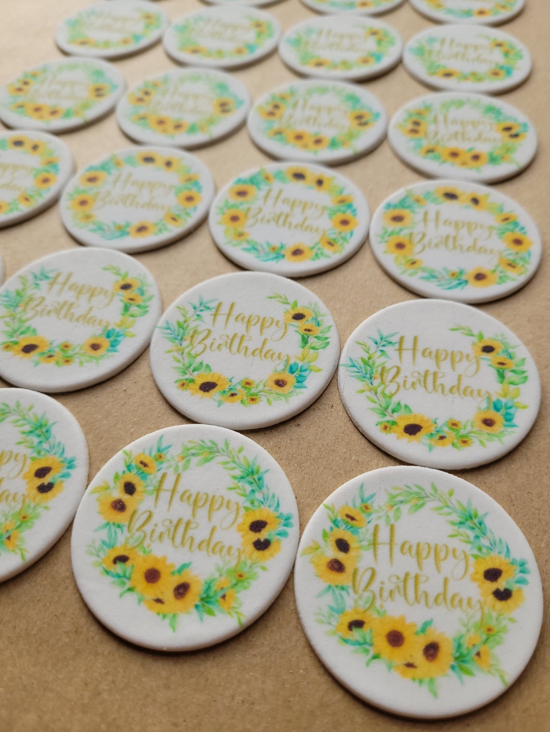 Happy Birthday Sunflower Edible Cupcake / Biscuit Topper Set - 24 Piece