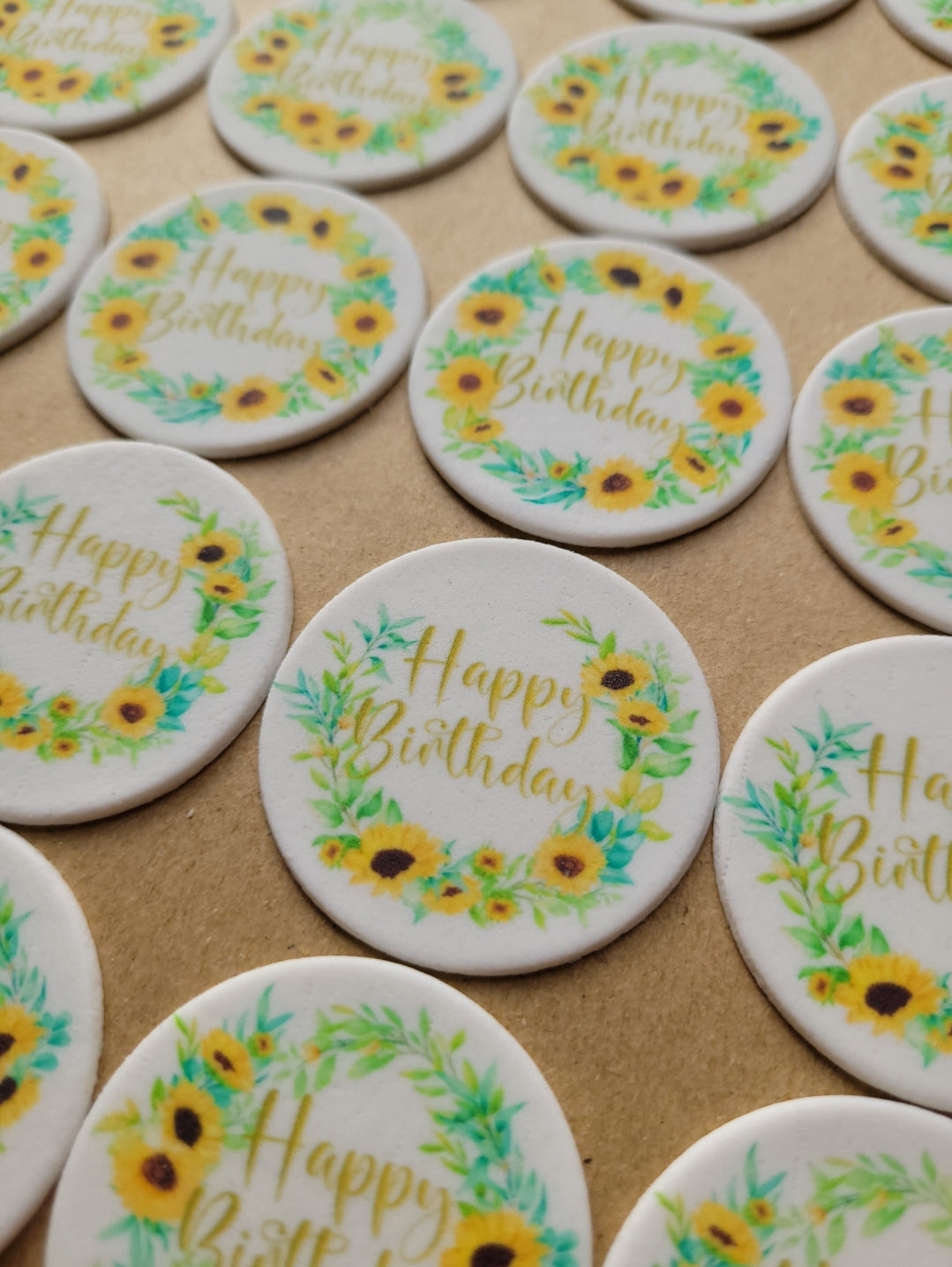 Happy Birthday Sunflower Edible Cupcake / Biscuit Topper Set - 24 Piece