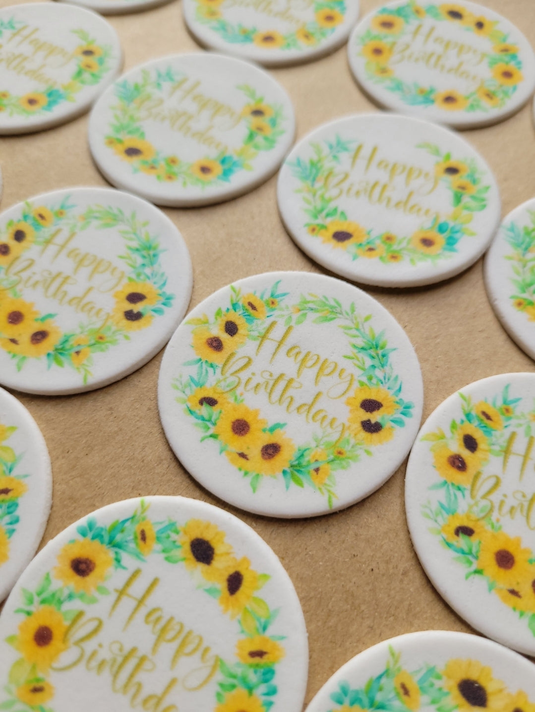 Happy Birthday Sunflower Edible Cupcake / Biscuit Topper Set - 24 Piece