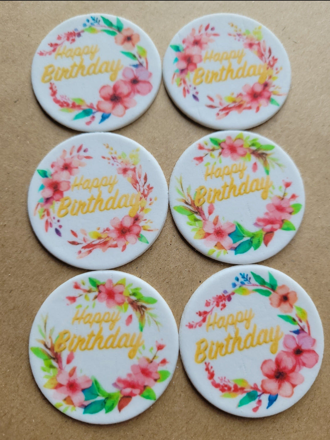 Happy Birthday Pink Flower Edible Cupcake / Biscuit Topper Set - 24 Piece